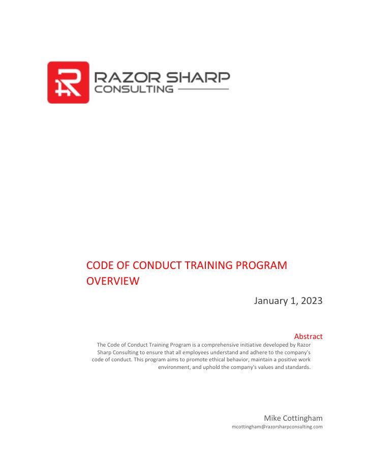 Cover of Code of Conduct Training Program